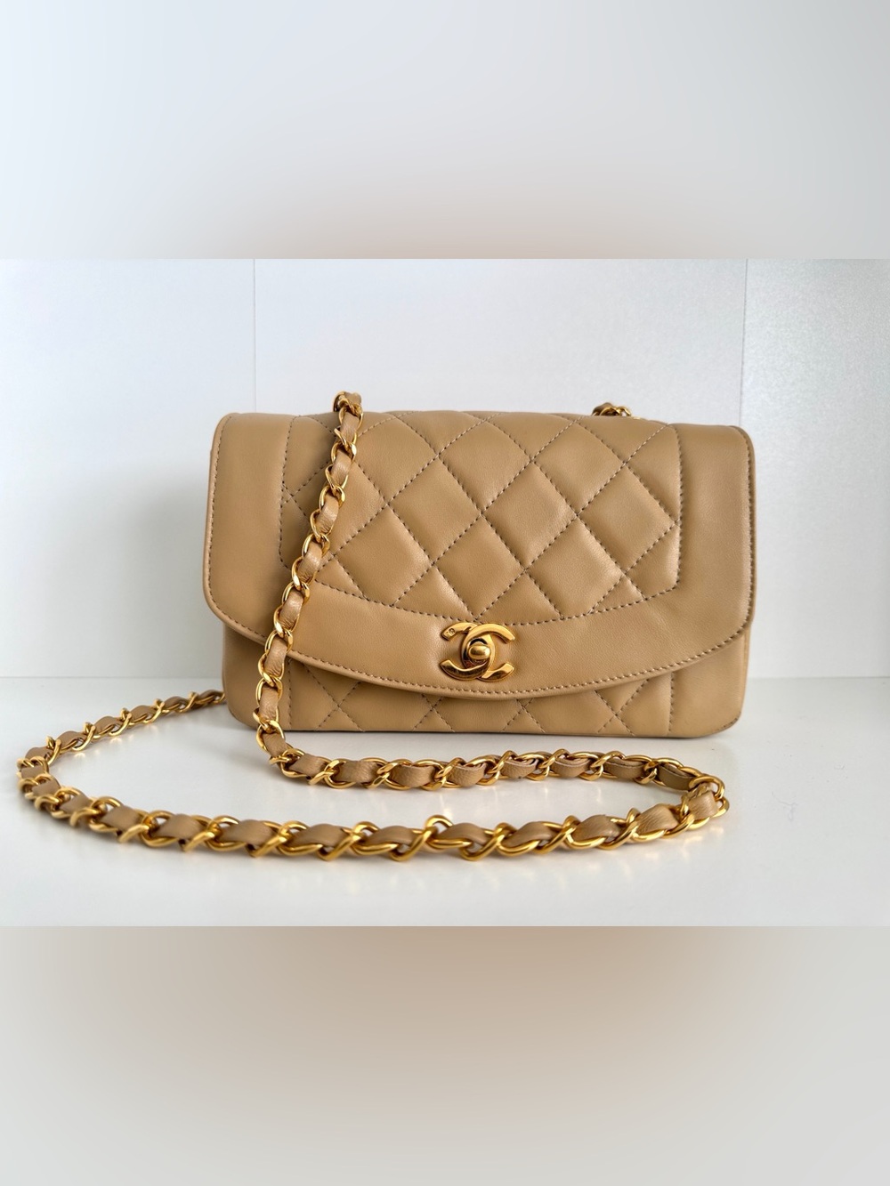 CHANEL Diana Beige Quilted Lambskin Crossbody Bag with Gold Hardware